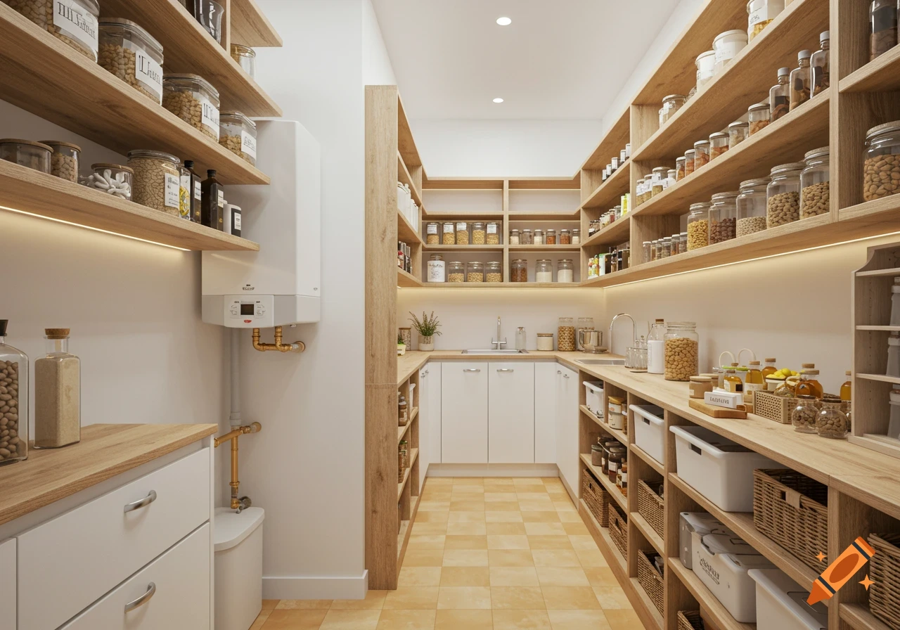 Bright, modern walk-in pantry with wooden shelves, organized jars, and baskets. A boiler unit is on the left wall.
