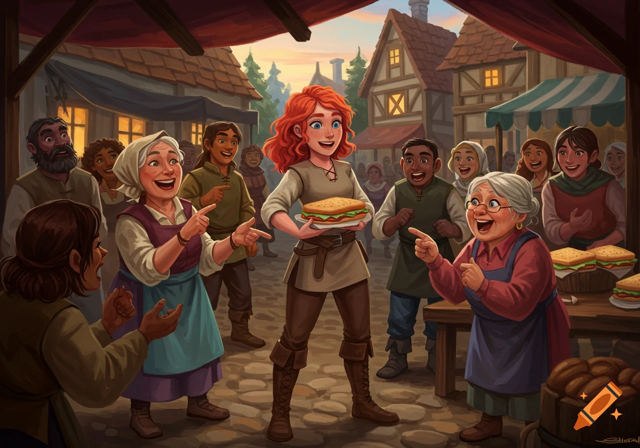 A vibrant cartoon illustration of villagers cheering for a young woman holding a large sandwich in a bustling medieval marketplace.
