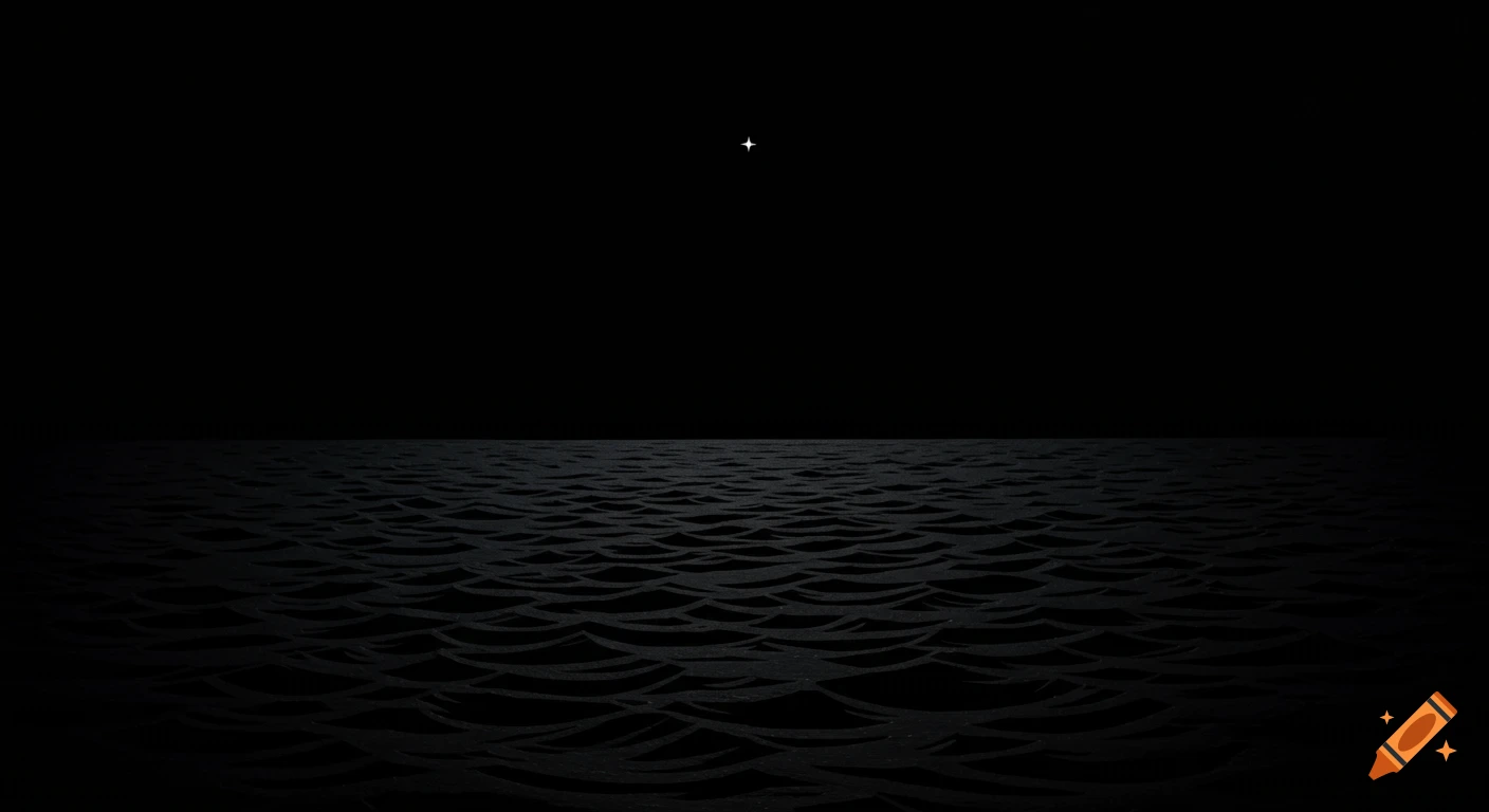 A dark, stylized landscape depicting a vast, rippling body of water under a black sky with a single bright star.