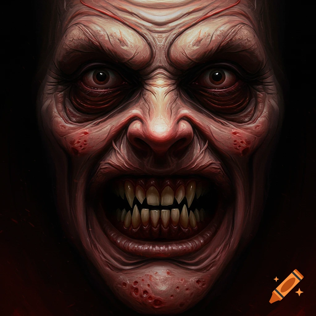 Close-up of a grotesque, pale monster's face with deep wrinkles, red eyes, and sharp fangs baring in a wide, screaming mouth.