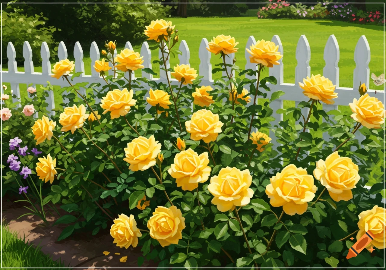 Vibrant yellow roses bloom in a lush garden with a white picket fence, digital painting.
