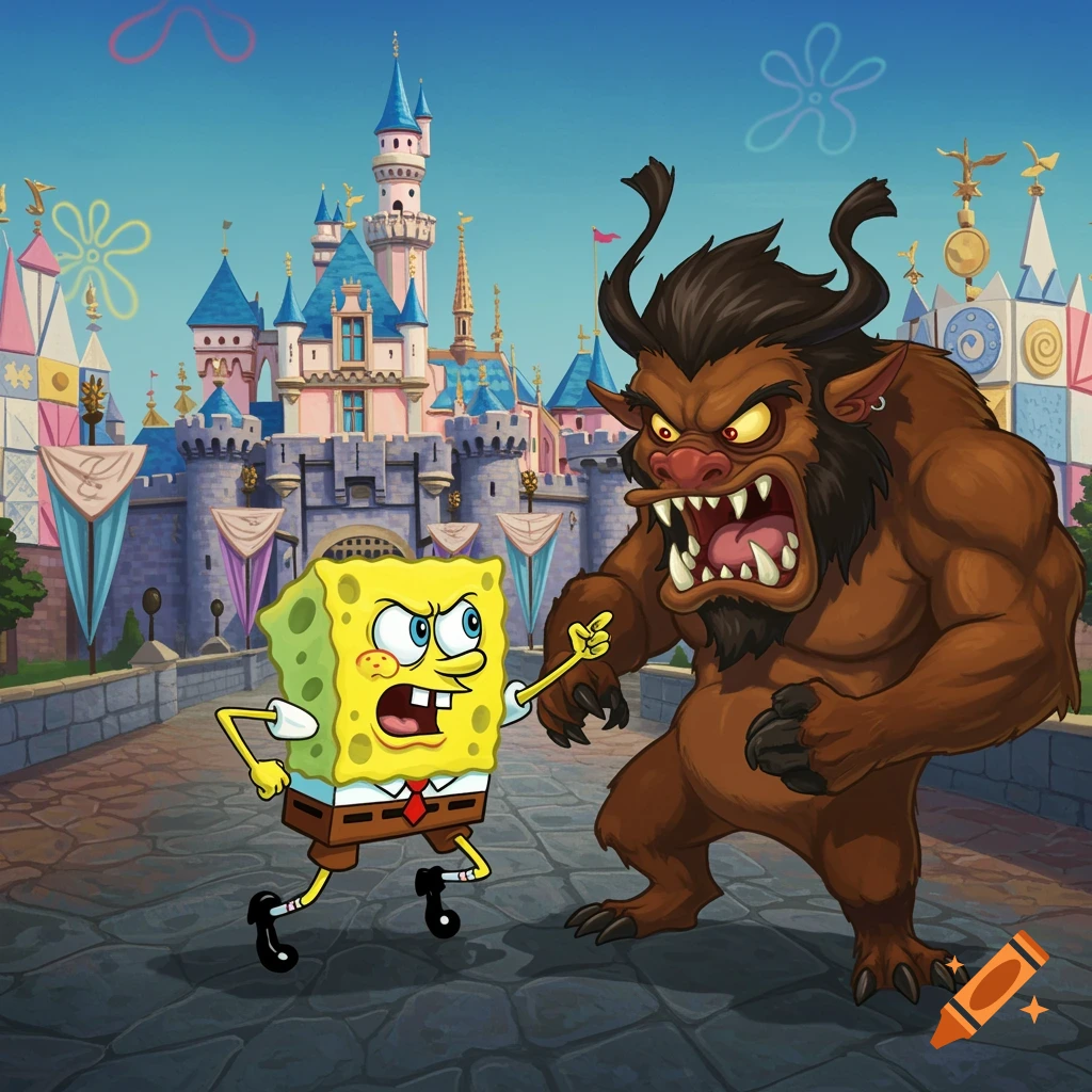Spongebob Squarepants confronts a brown horned monster in front of a pink and blue Disney castle.