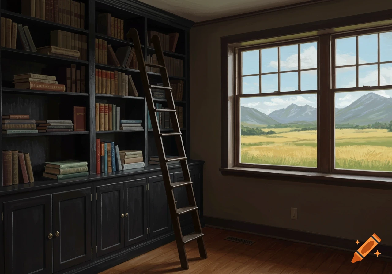 A painting of a library room with a dark wooden bookcase, a rolling ladder, and a window overlooking a mountain field.