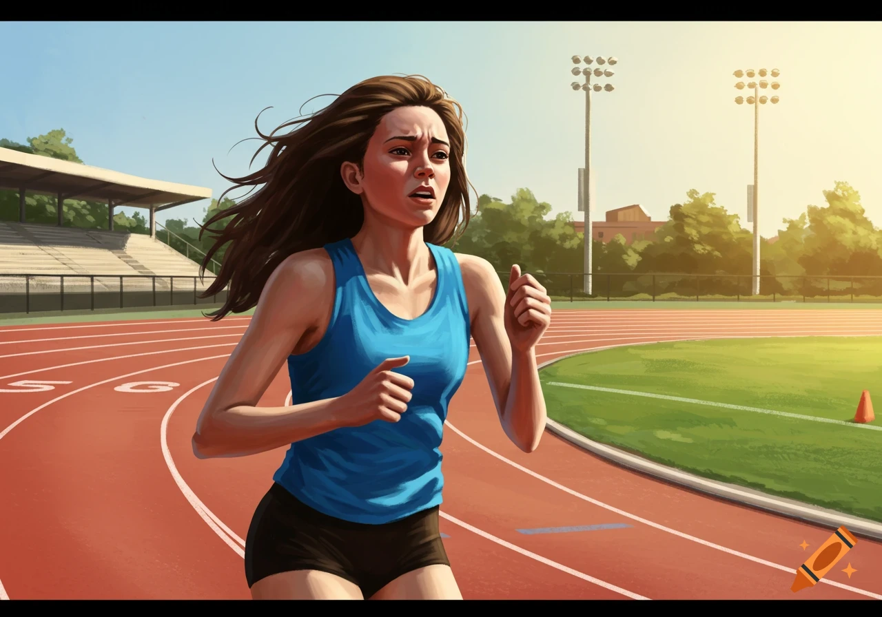A young female runner with brown hair sprints on a red track, looking out of breath with stadium lights and trees in the background.