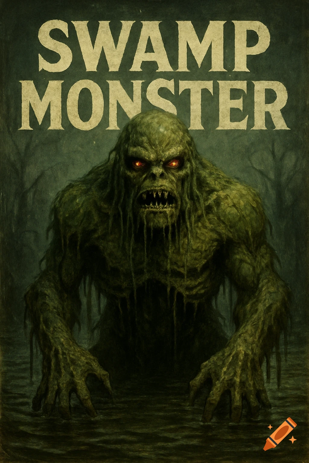A menacing green swamp monster with red eyes and sharp teeth emerges from dark water, with 'SWAMP MONSTER' text above. Dark horror illustration style.