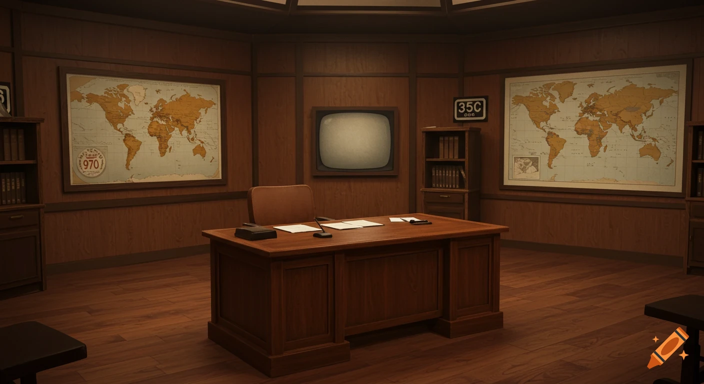 A vintage 1950s newsroom with a large wooden desk in the center, an old television monitor on the wall, and two large world maps on the wood-paneled walls.