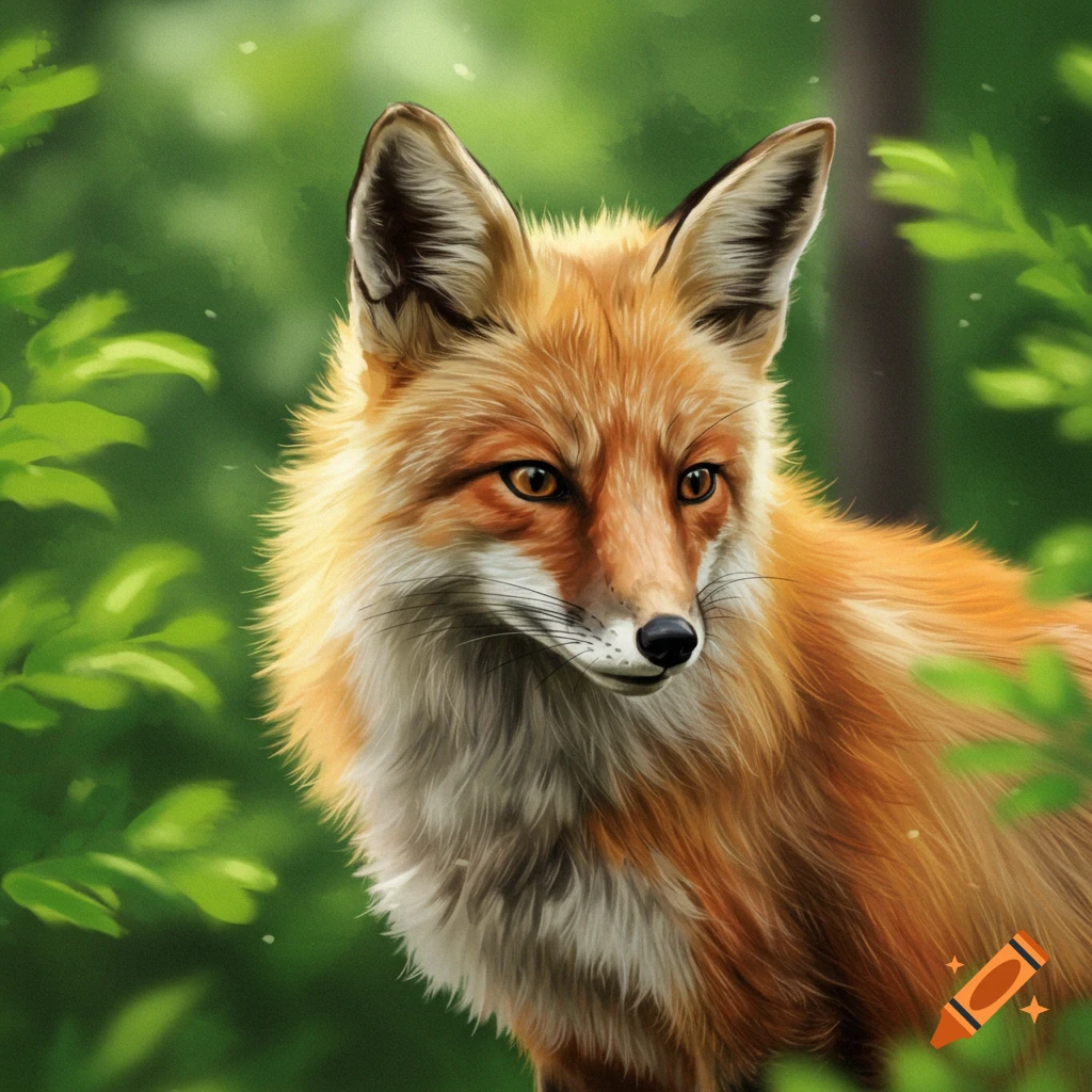 A close-up of a red fox with bright orange fur, looking to the right in a green, leafy forest.