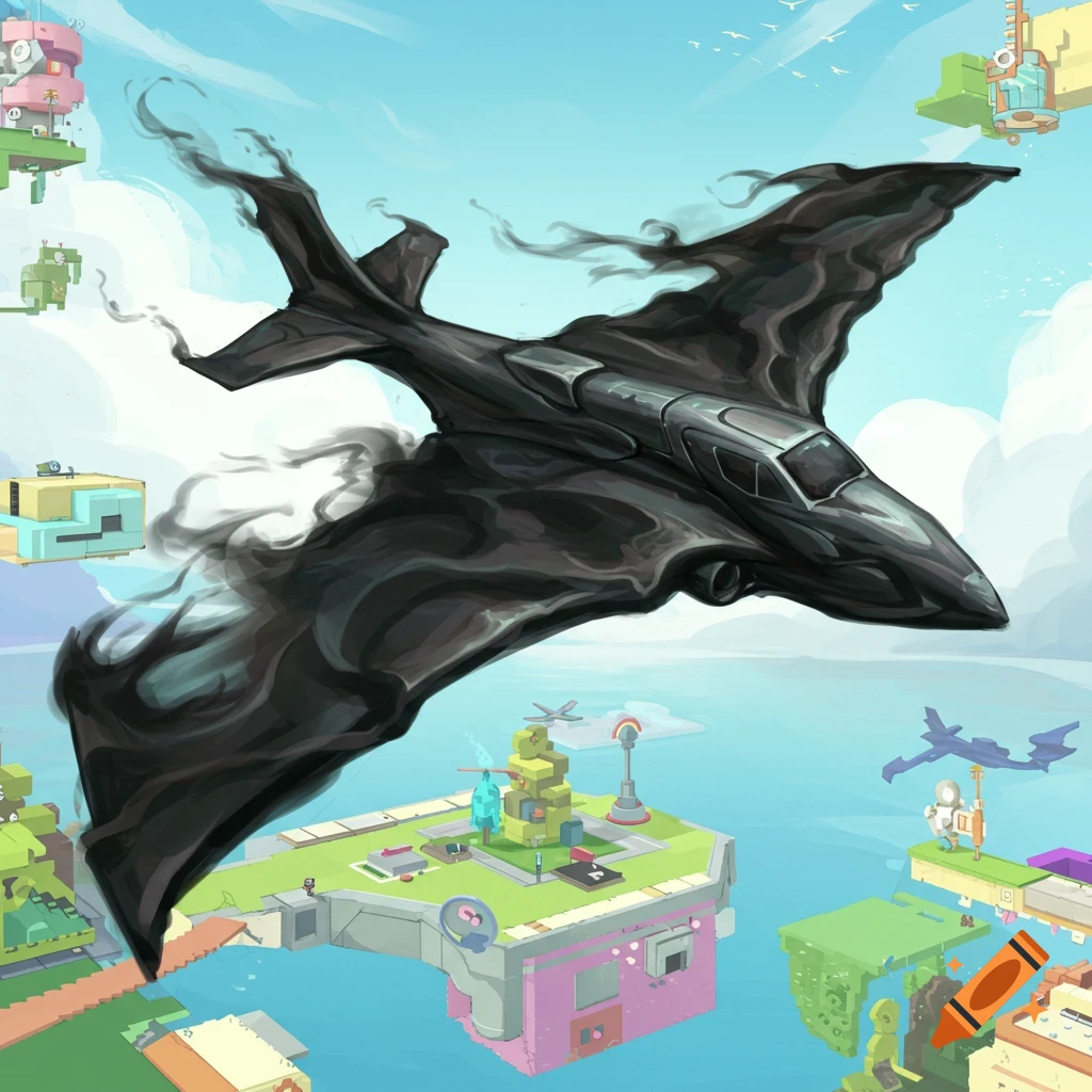 A dark, smoke-like stealth jet flies over colorful, blocky floating islands under a bright blue sky.