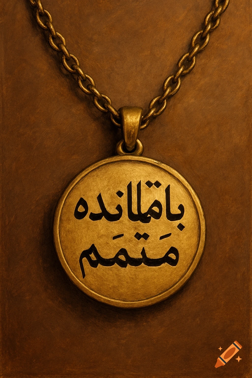 A close-up of a round golden pendant with black Arabic script text, hanging from a golden chain against a textured brown background.