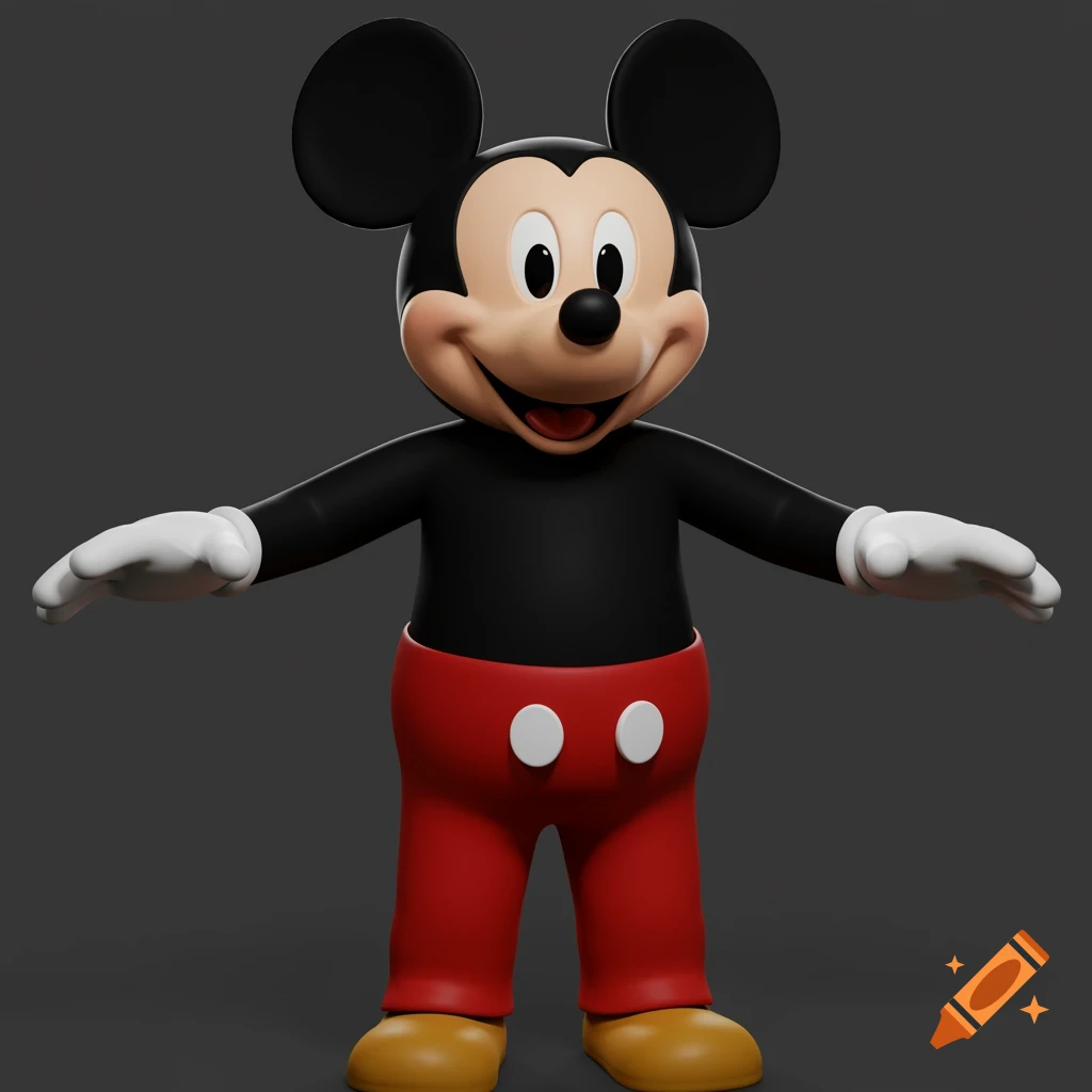 A 3D rendered model of Mickey Mouse standing with arms out, wearing black, red shorts with white buttons, and yellow shoes against a gray background.