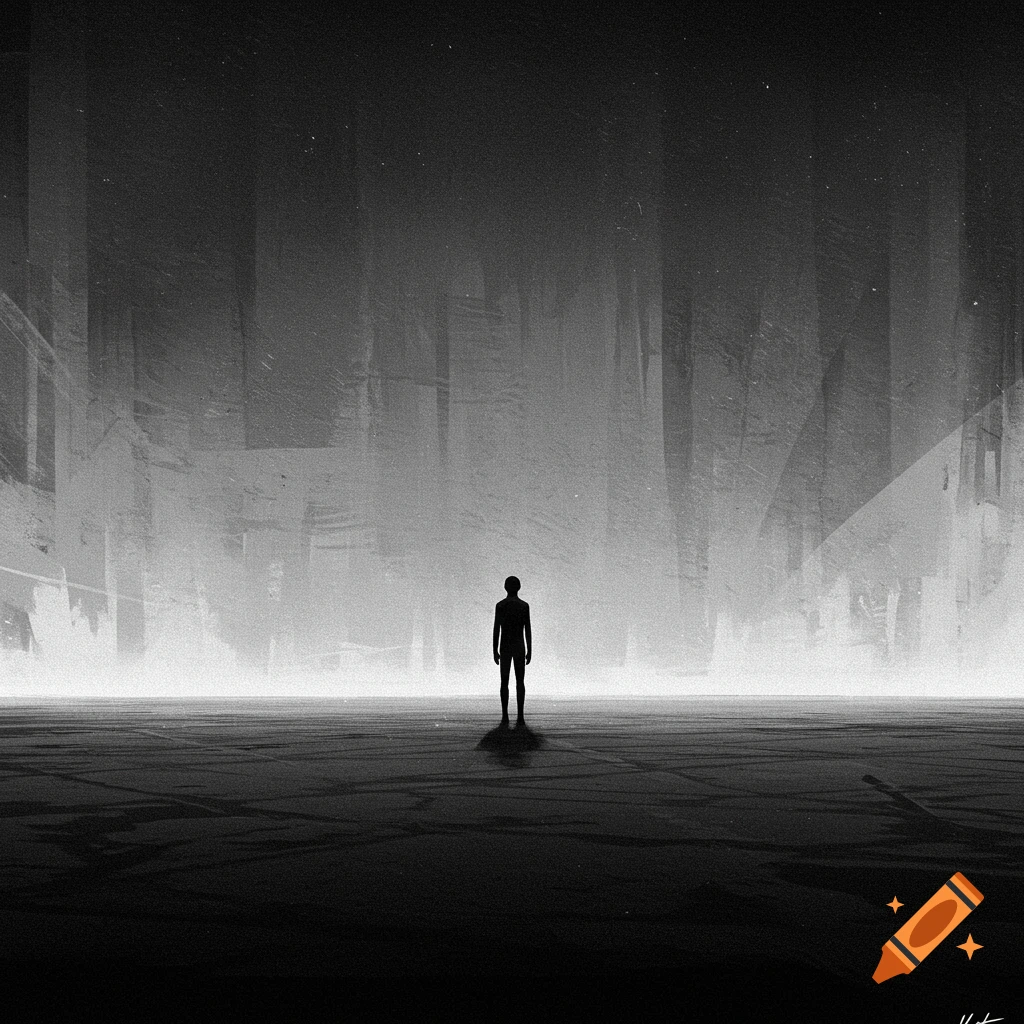 A lone silhouetted figure stands on a dark, textured ground facing a bright horizon, beneath a vast, abstract dark sky. Monochrome, minimalist art.