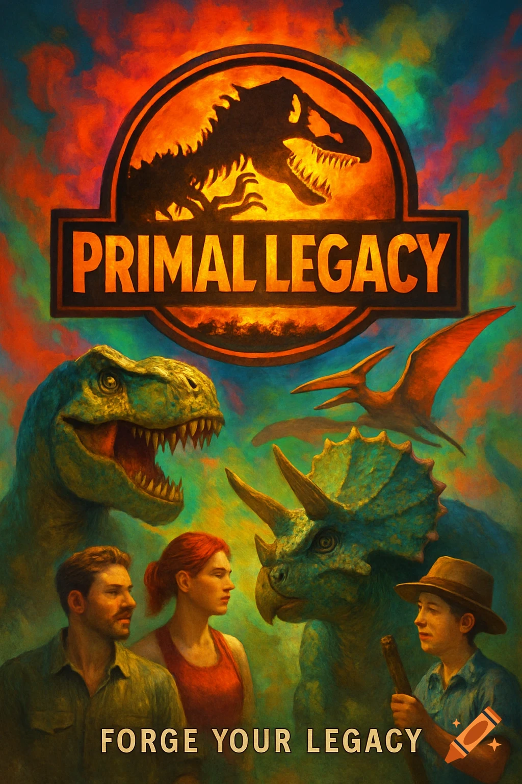 A vibrant, painterly movie poster for 'Primal Legacy' featuring dinosaurs, including a T-Rex and Triceratops, and human characters.