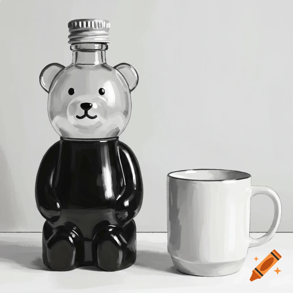 A black and white sketch of a bear-shaped bottle next to a white mug on a table.