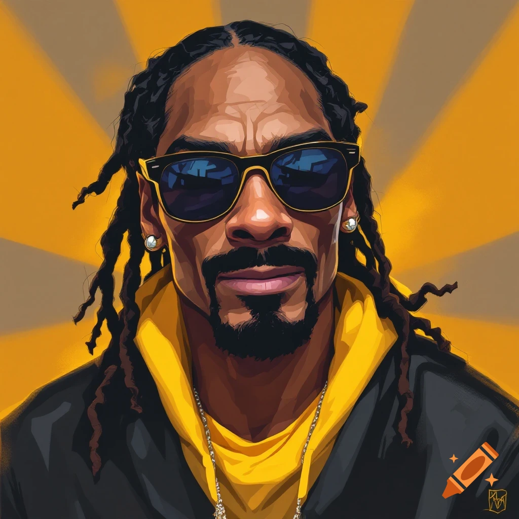 Stylized portrait of Snoop Dogg wearing sunglasses and a yellow hoodie against a bright orange and yellow radial background.