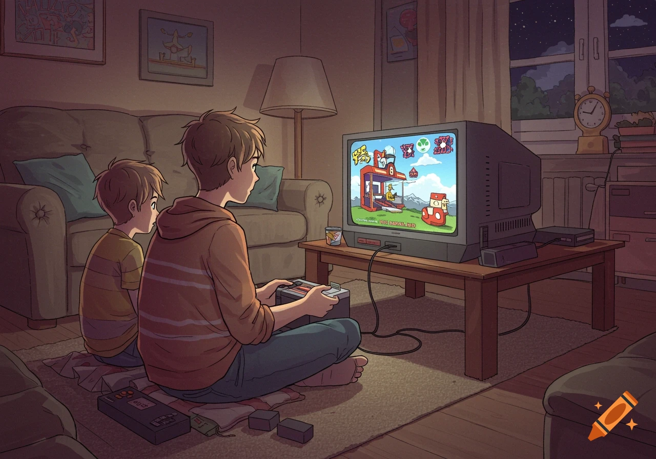 Two brothers sit on the floor in a cozy, nostalgic living room, playing a vintage video game on a CRT TV.