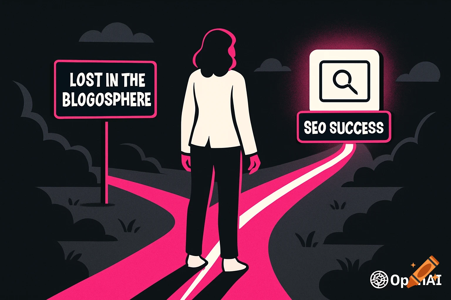 Stylized illustration of a person at a crossroads with signs for 'Lost in the Blogosphere' and 'SEO Success', with a glowing path.