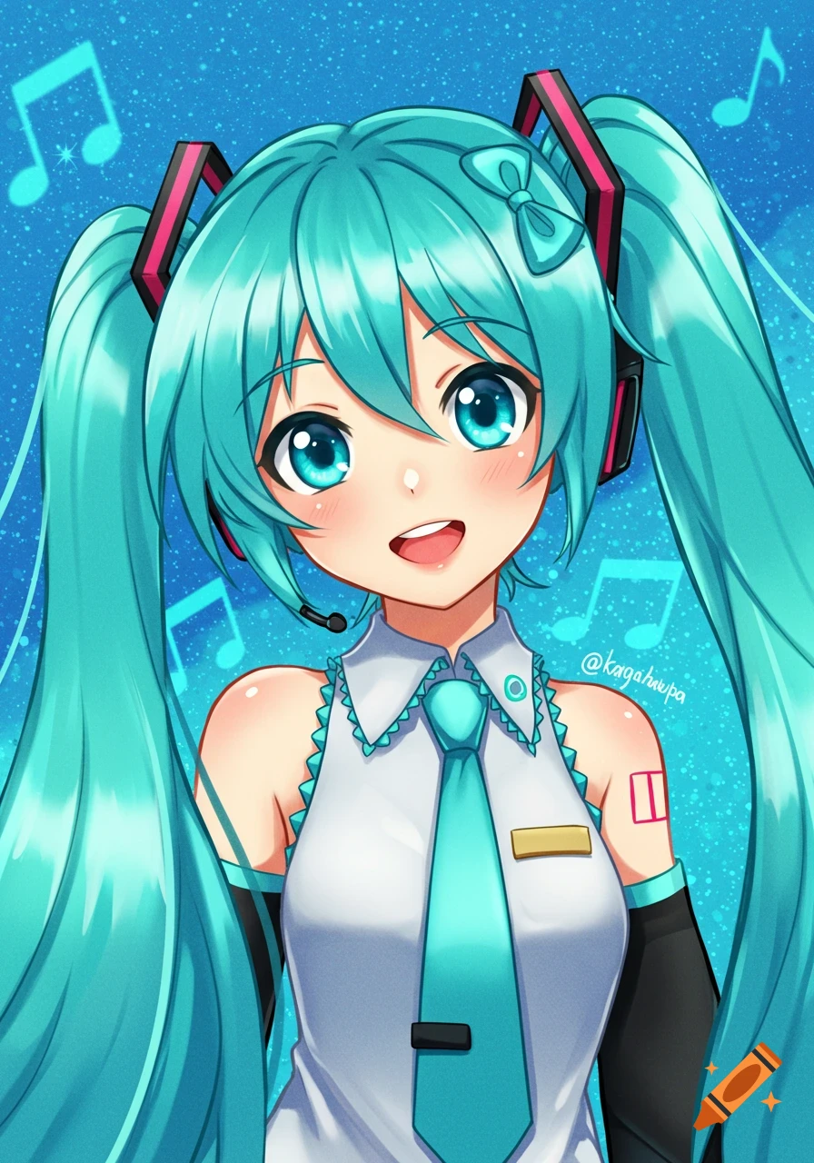 Anime portrait of Hatsune Miku smiling, with long teal pigtails, wearing her signature outfit, against a blue background with musical notes.