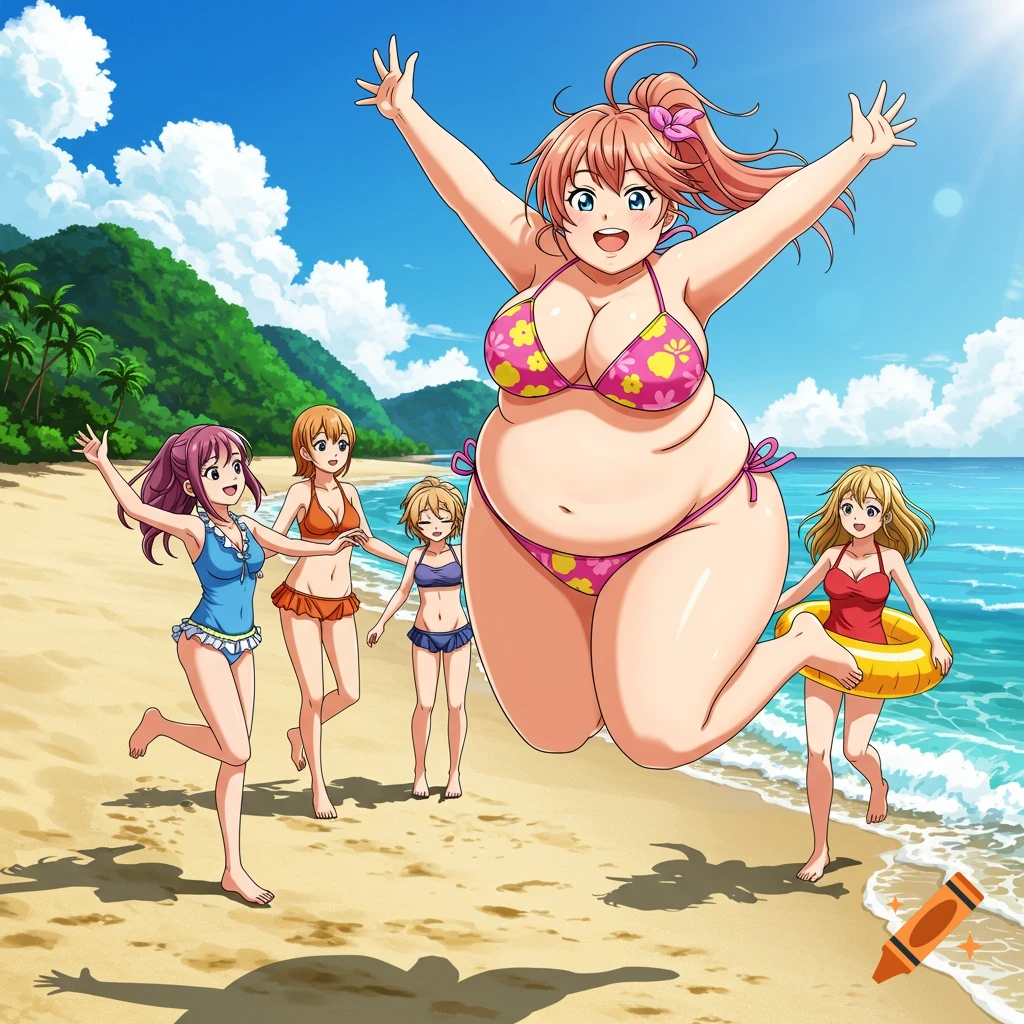 Five anime girls on a sunny beach, one large girl in a pink floral bikini jumps in the air, while her friends stand nearby and another holds a floatie.