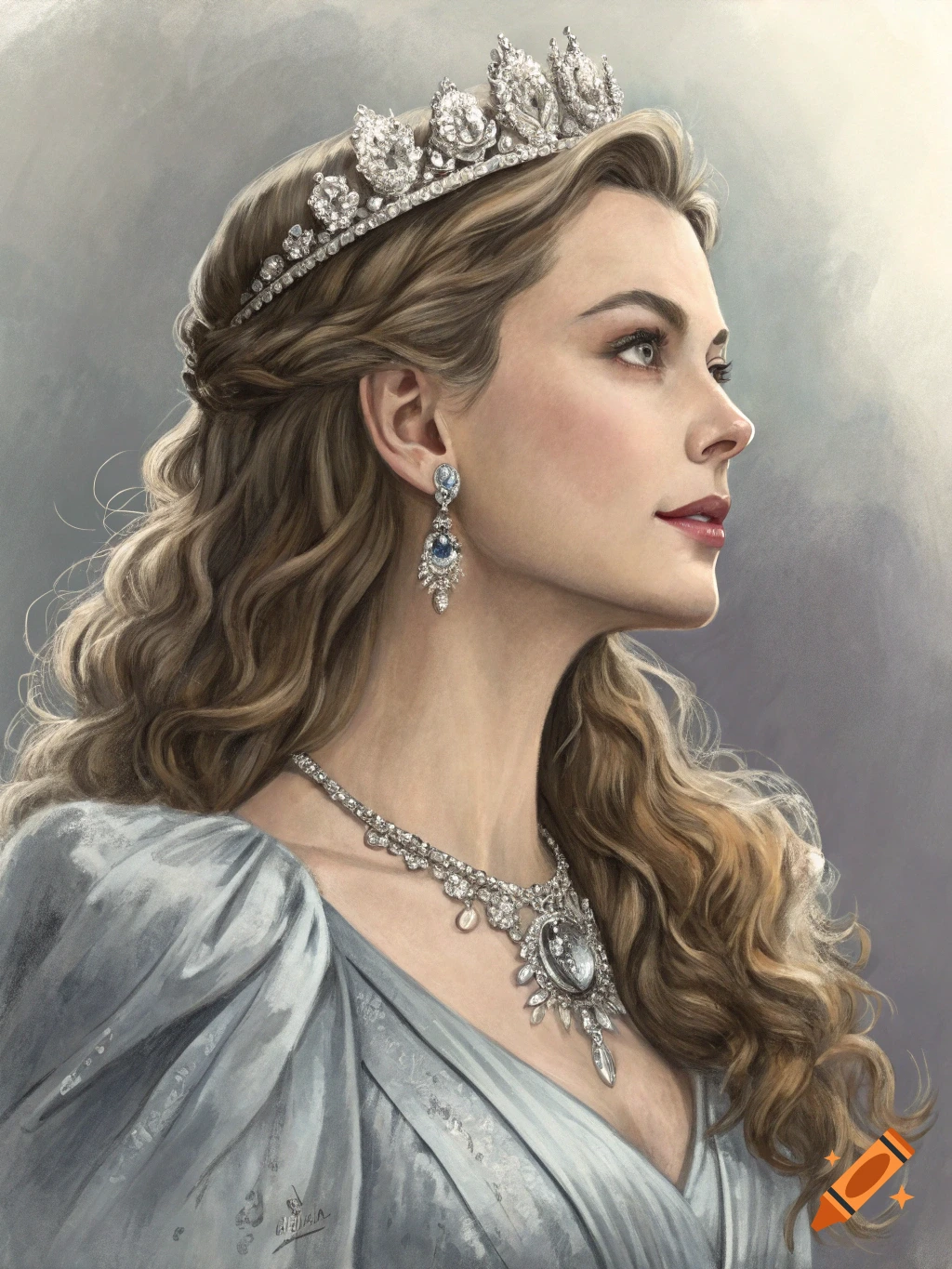 A painted profile portrait of a woman with long wavy hair wearing a diamond tiara, sapphire earrings, and a large diamond necklace.