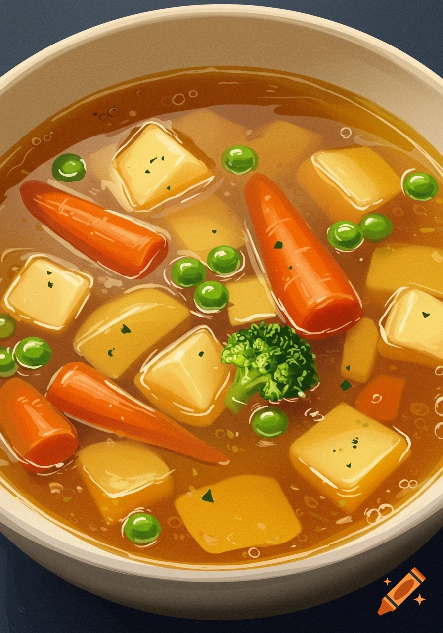 Close-up of a bowl of vegetable soup with carrots, potatoes, peas, and broccoli.