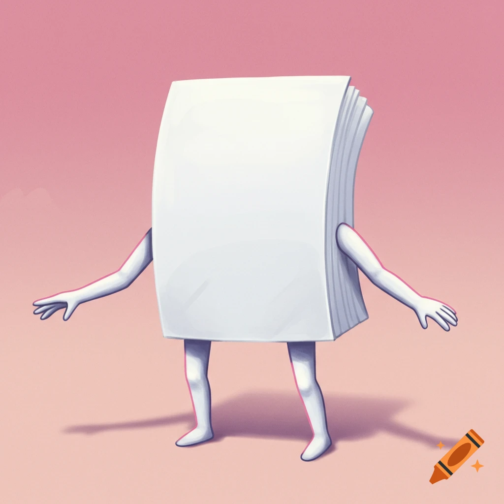 A stack of white paper with human-like arms and legs standing on a light pink background in an illustrative style.