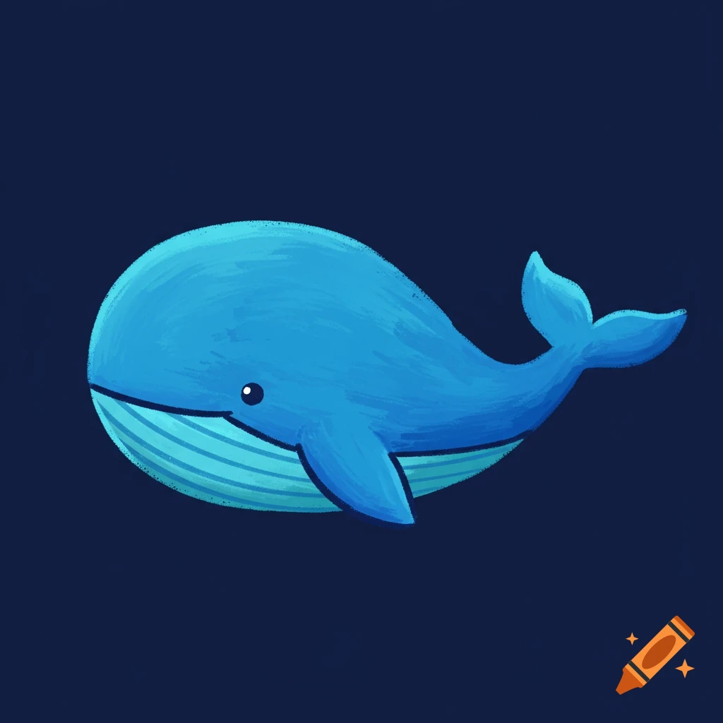 A cute blue cartoon whale with a small eye and horizontal lines on its belly, swimming against a dark blue background.