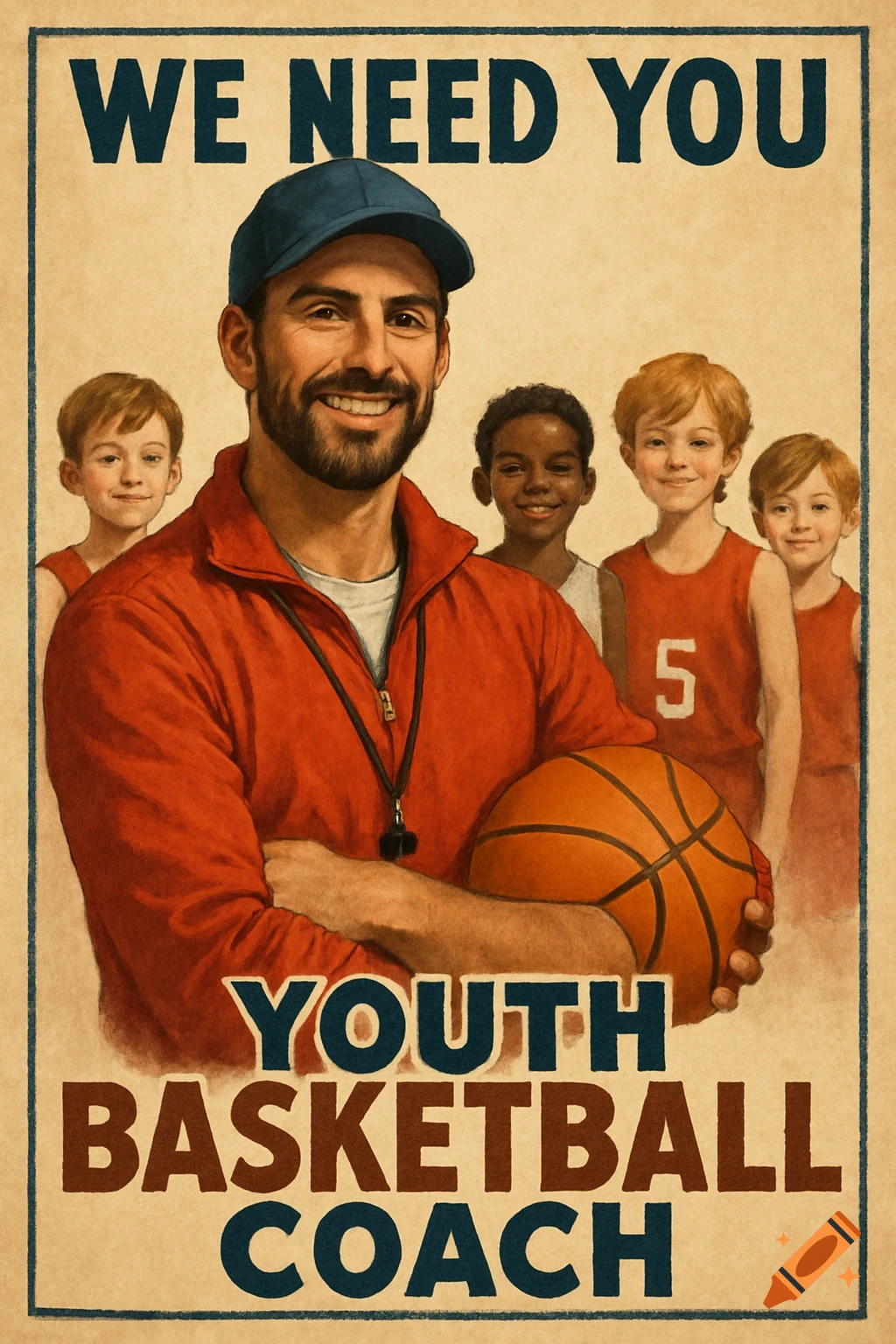 Vintage style recruitment poster for a youth basketball coach, showing a smiling coach with a basketball and four children.