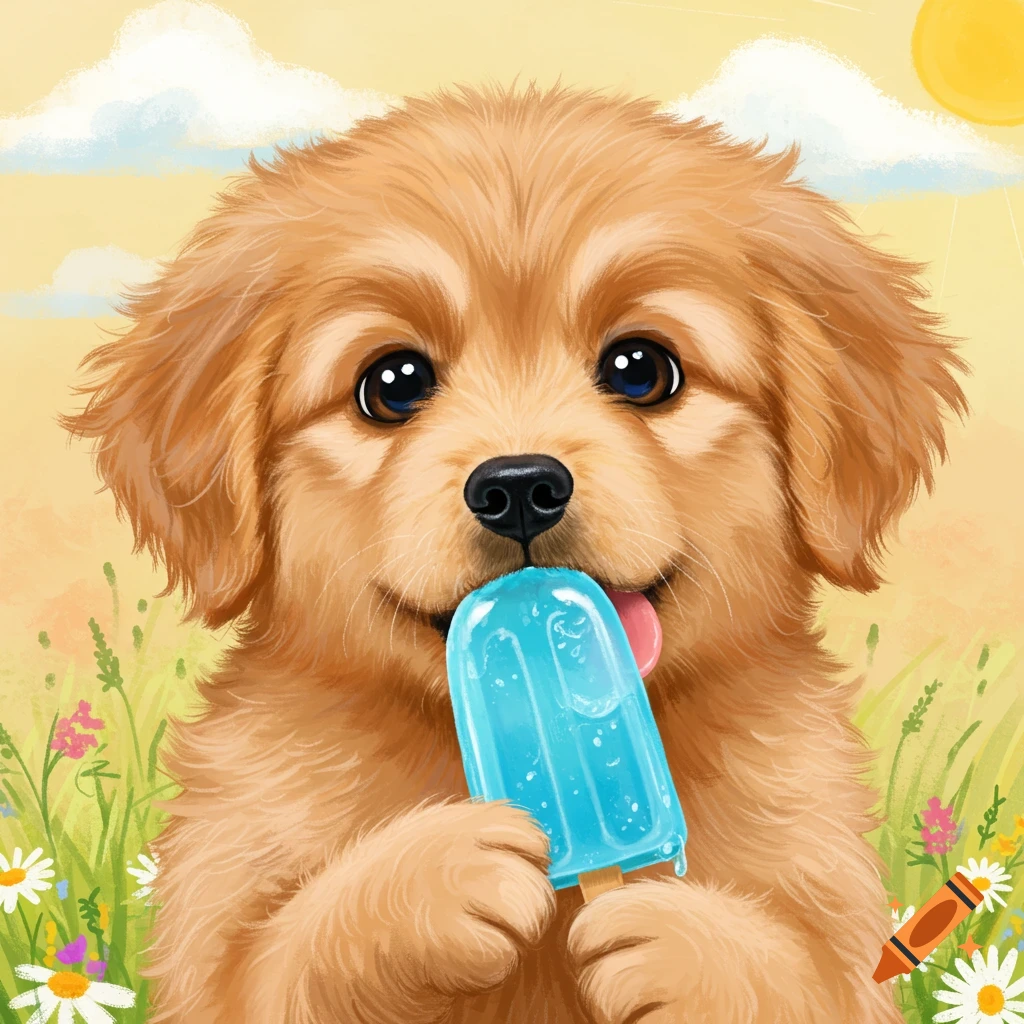 A cute golden retriever puppy sits in a sunny field of flowers, happily licking a blue popsicle.