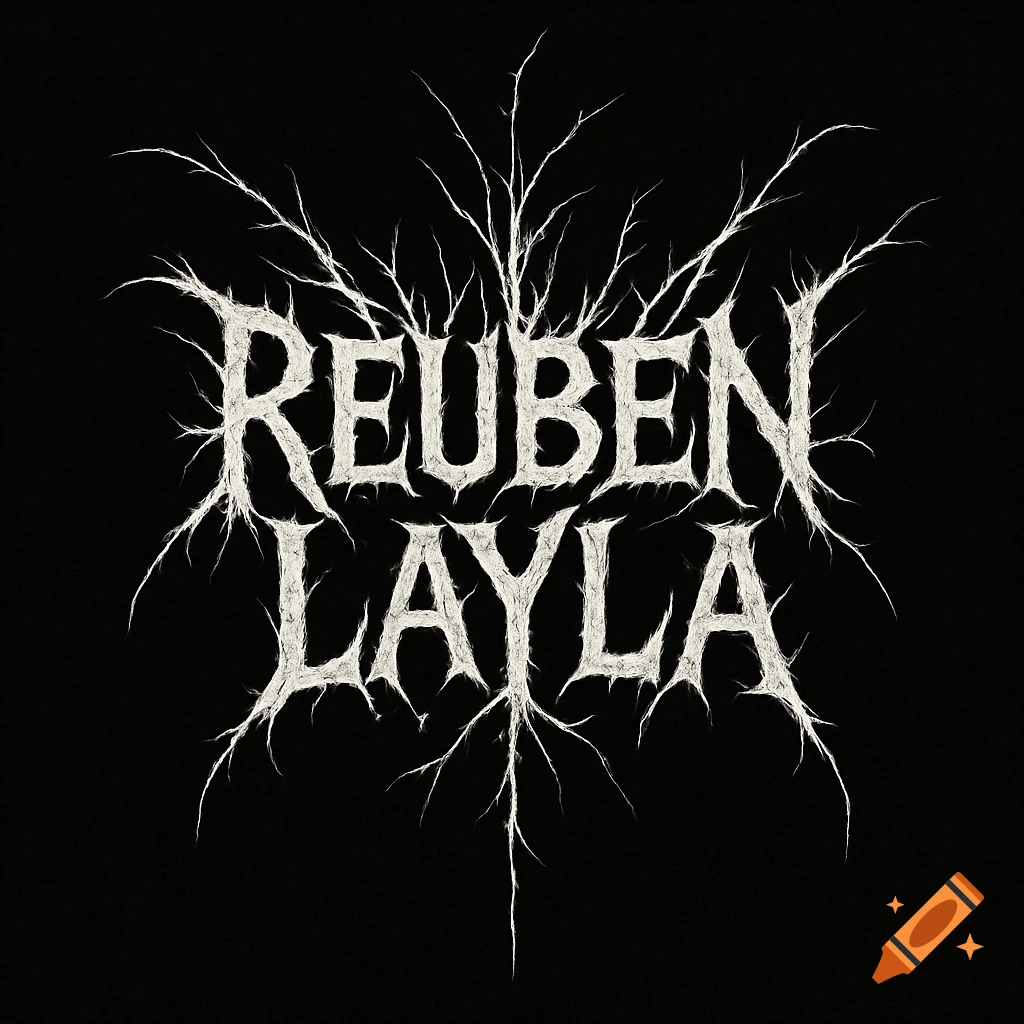 White, jagged, branch-like text spelling "Reuben Layla" on a black background, styled as a metal band logo.