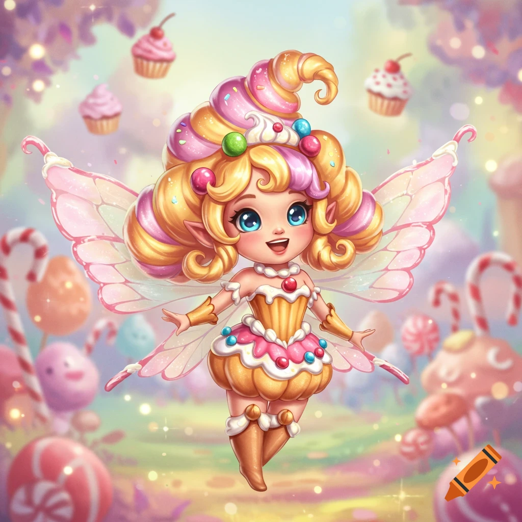 A cute pastry fairy with cupcake wings and pastel swirl hair smiles in a whimsical candy land.