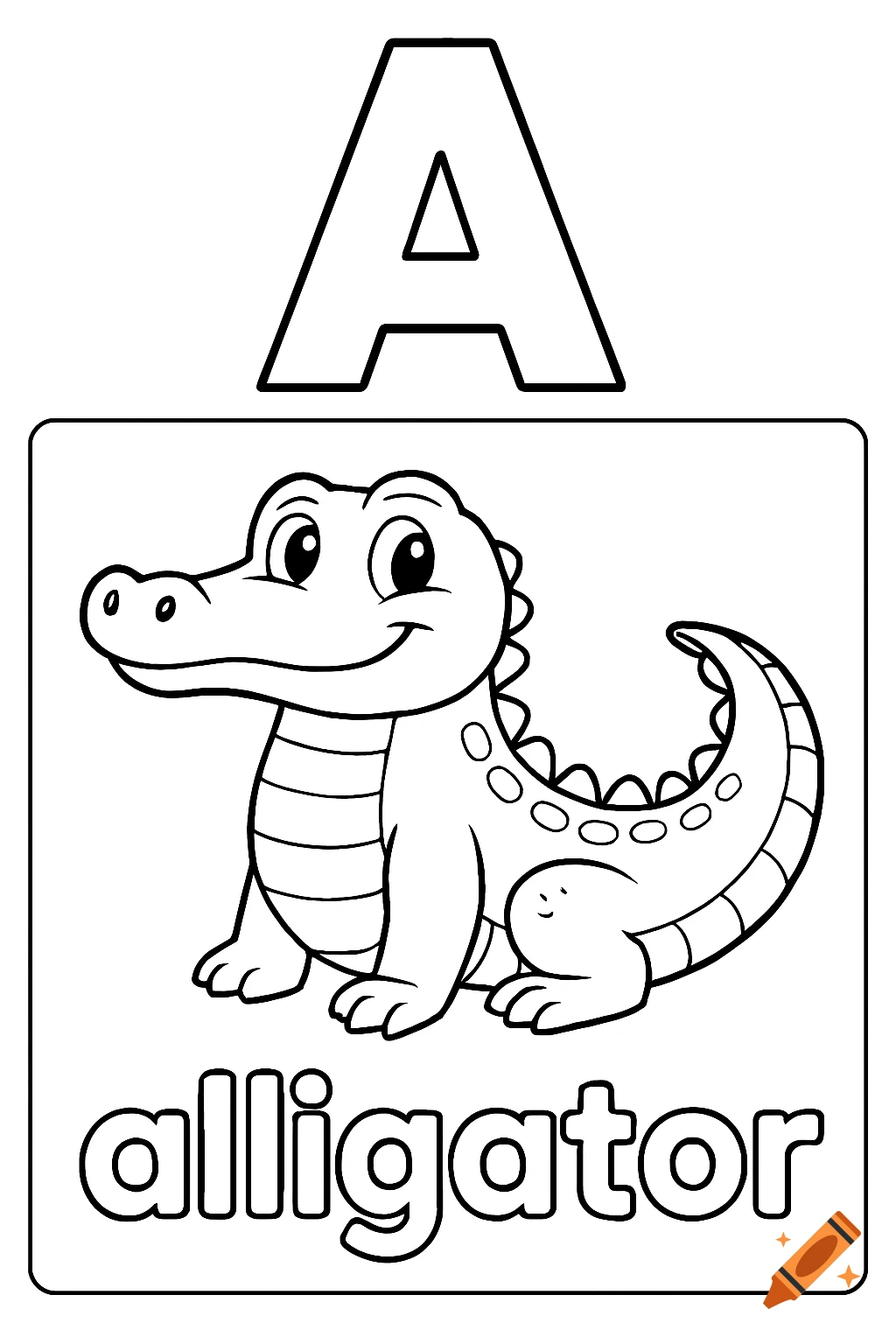 Black and white coloring page with a large capital A, a smiling cartoon alligator, and the word alligator.