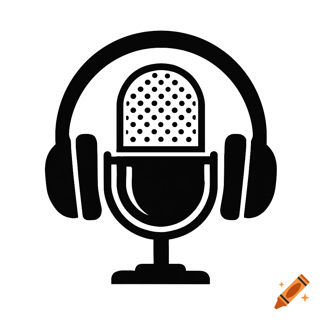 A black and white logo featuring a vintage-style microphone centered between a pair of headphones.