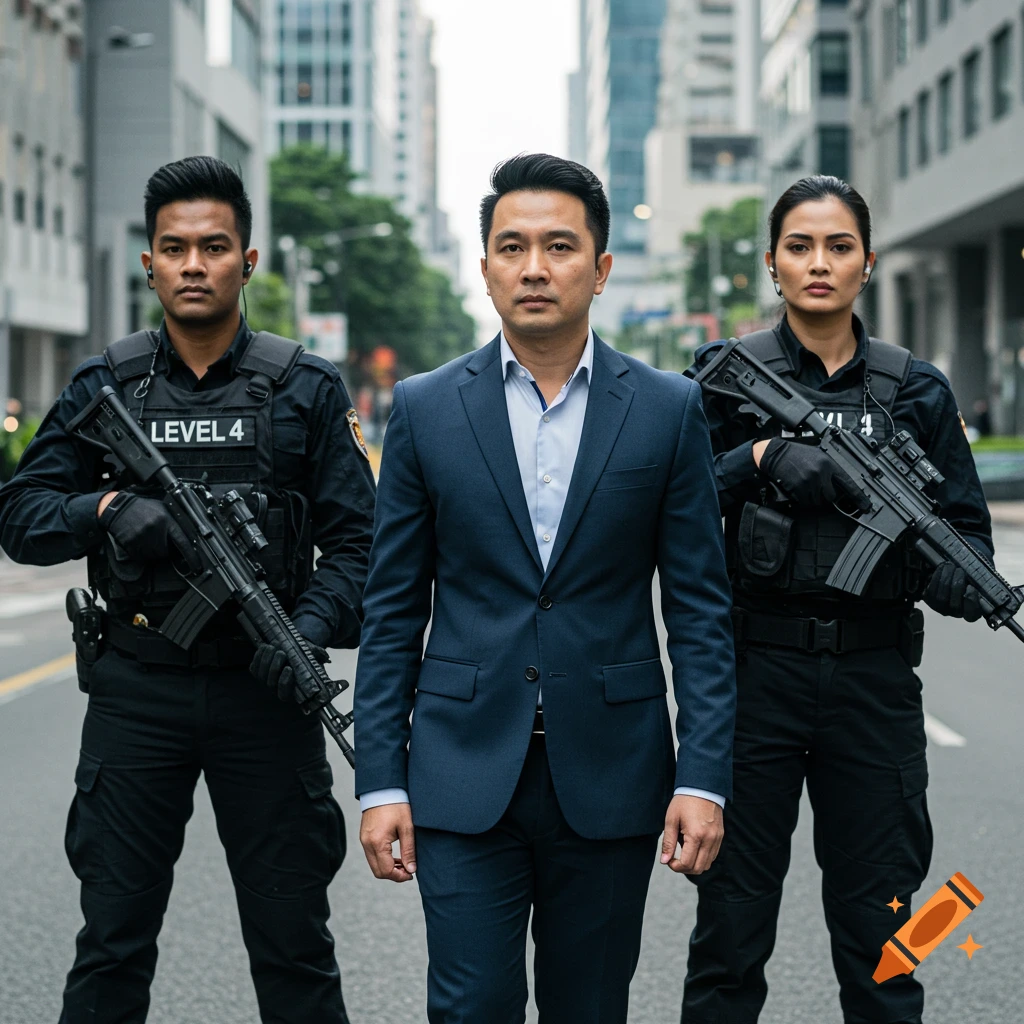 A man in a suit stands between two security guards in tactical gear holding rifles on an urban street.