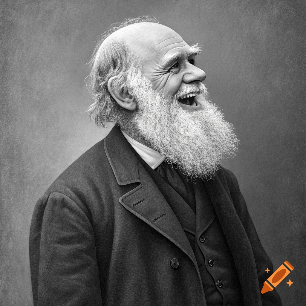Black and white portrait of a bearded old man resembling Charles Darwin laughing heartily.