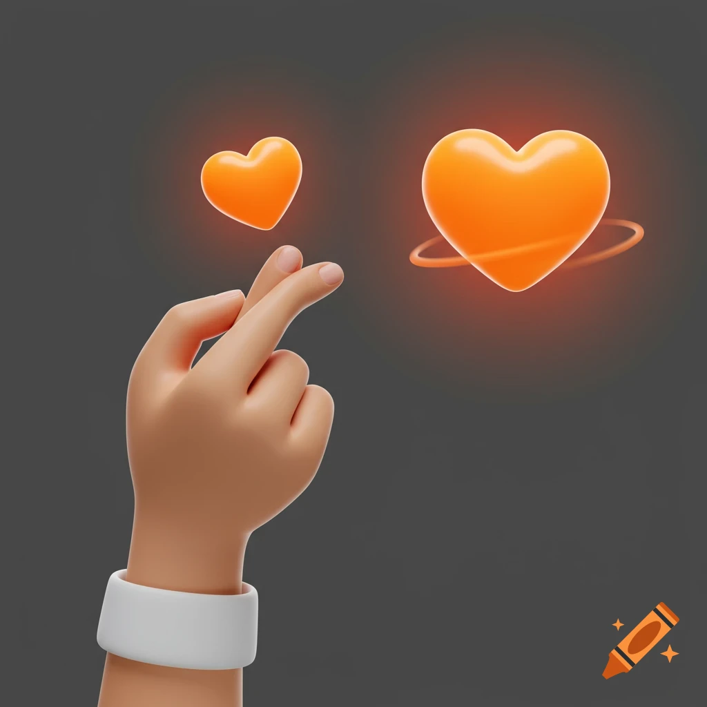 A stylized 3D hand makes a finger heart gesture with two glowing orange hearts floating above a dark background.