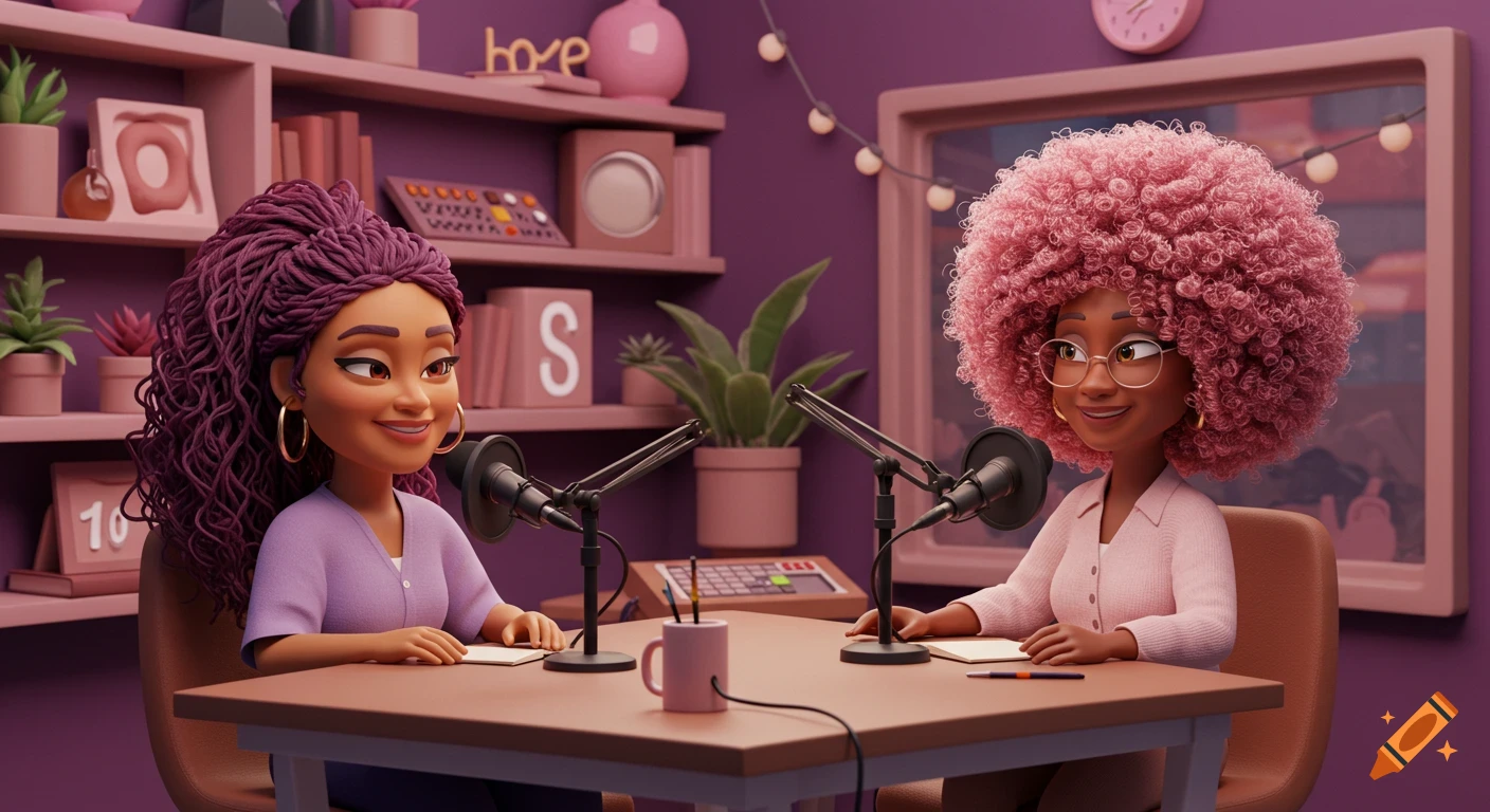 Two smiling women, one with purple braids and one with a pink afro, seated at a desk with microphones in a colorful Pixar-style podcast studio.