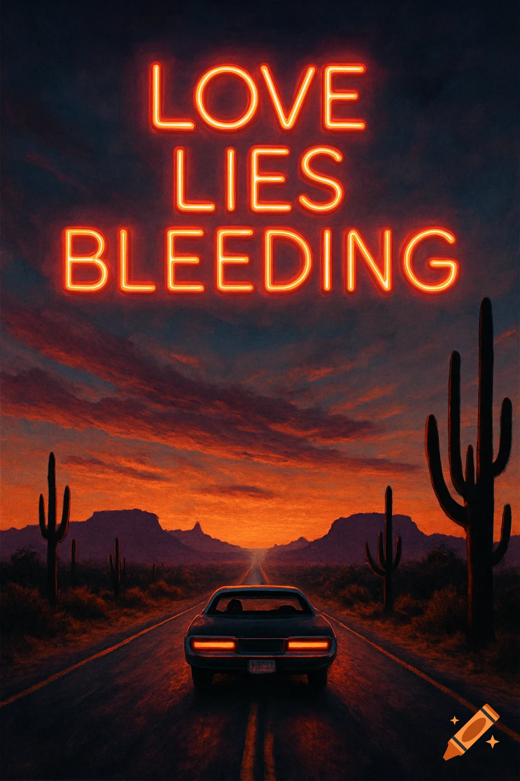 A classic car drives down a desert road at sunset with saguaro cacti, under a glowing neon sign that reads LOVE LIES BLEEDING.