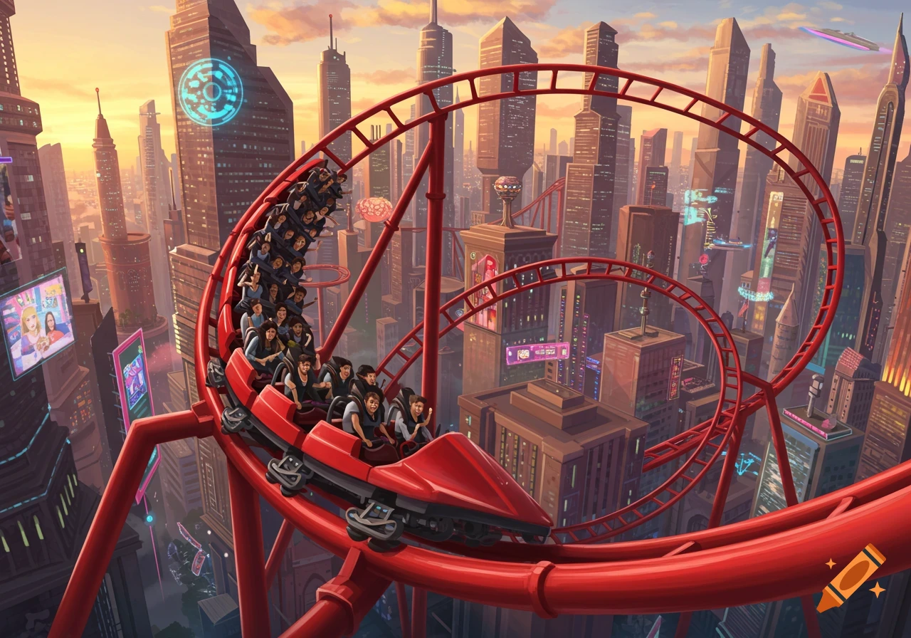 A red roller coaster with many riders twists through the vibrant, futuristic skyline of a city at sunset.