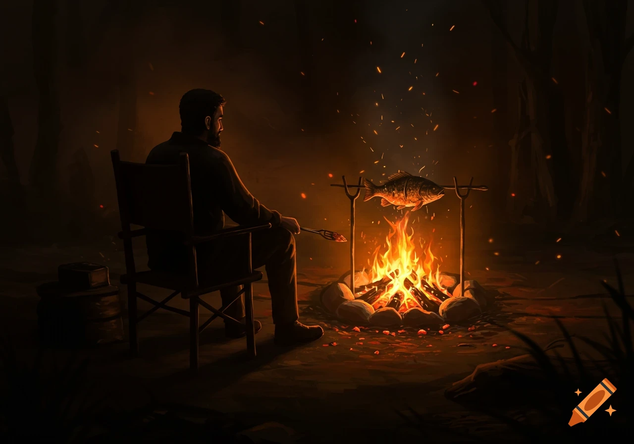 Silhouette of a man sitting by a glowing campfire, cooking a fish on a spit in a dark, atmospheric setting.