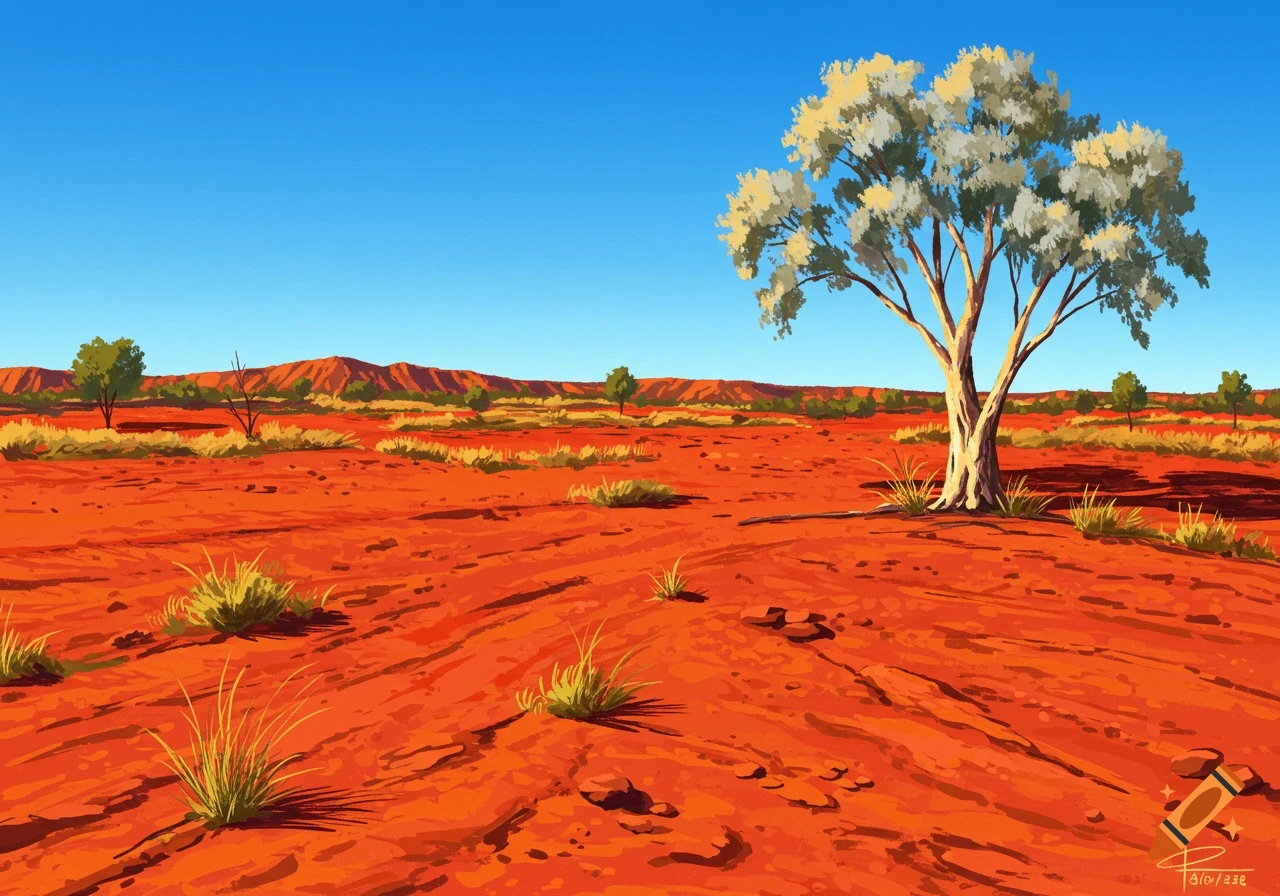 Vast Australian landscape with red earth, scattered green bushes, and a large eucalyptus tree under a clear blue sky, depicted in a painterly style.