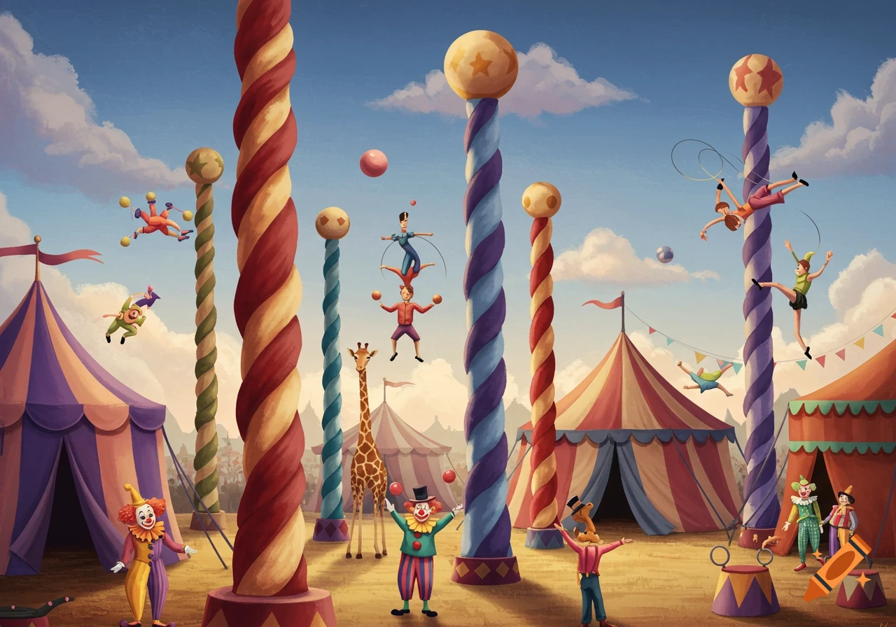 A whimsical circus scene with performers balancing on colorful striped poles, alongside tents, clowns, and a giraffe.