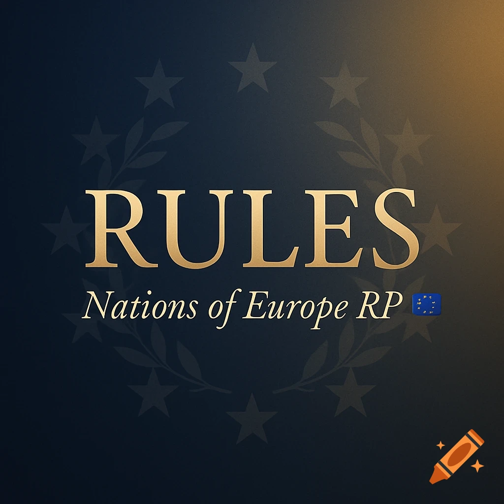 Gold text 'RULES Nations of Europe RP ' on a dark blue and gold gradient banner with subtle stars and a laurel wreath.