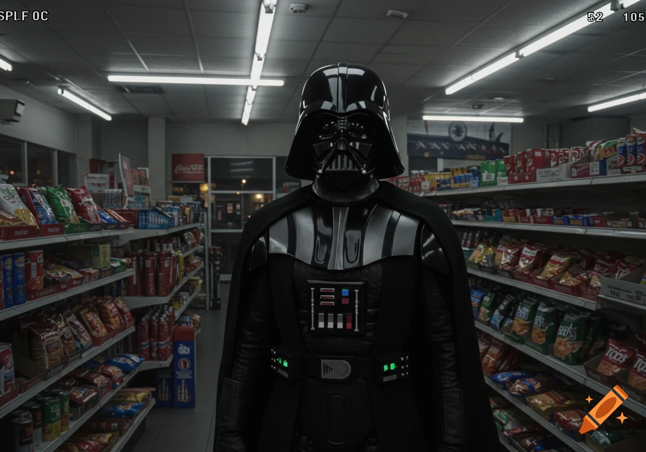 Darth Vader stands in the aisle of a gas station convenience store, captured in CCTV footage style.
