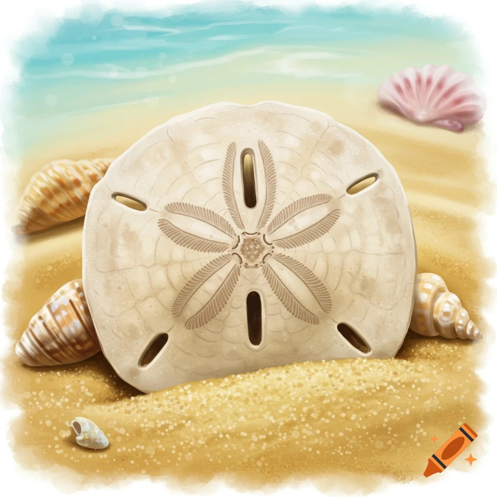 An illustration of a sand dollar and seashells on a sandy beach with the ocean in the background.