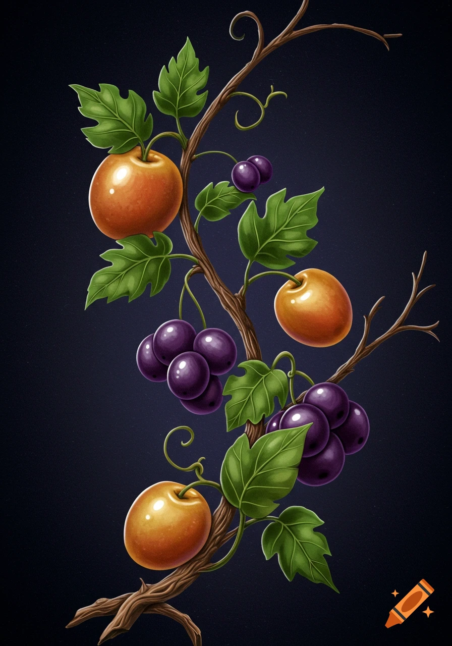Stylized illustration of a vine with orange fruits, purple grapes, green leaves, and brown branches against a dark background.