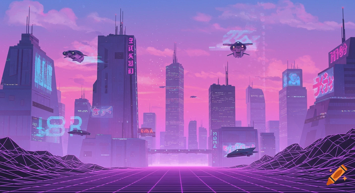 A vibrant purple and pink vaporwave futuristic city skyline with flying vehicles and a glowing grid pattern on the ground.