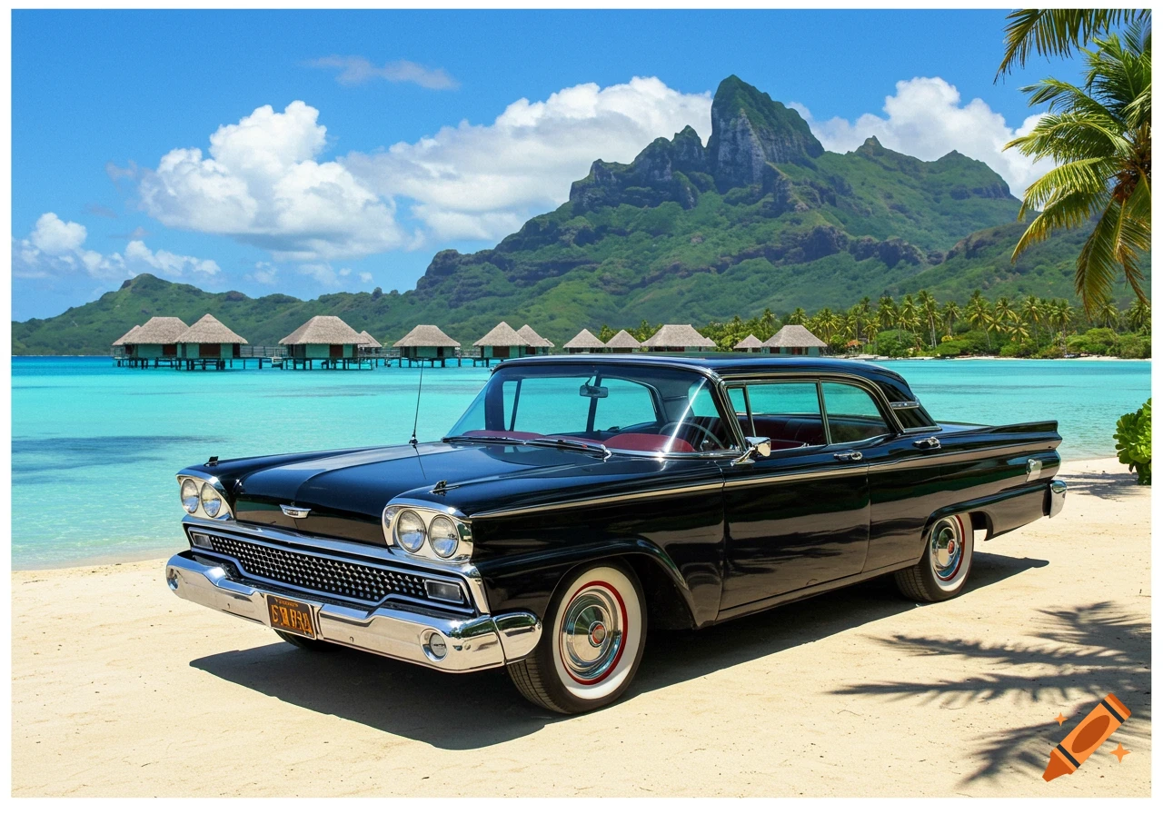 A black 1959 Ford Galaxie on a sandy beach with turquoise water, overwater bungalows, and mountains under a blue sky.