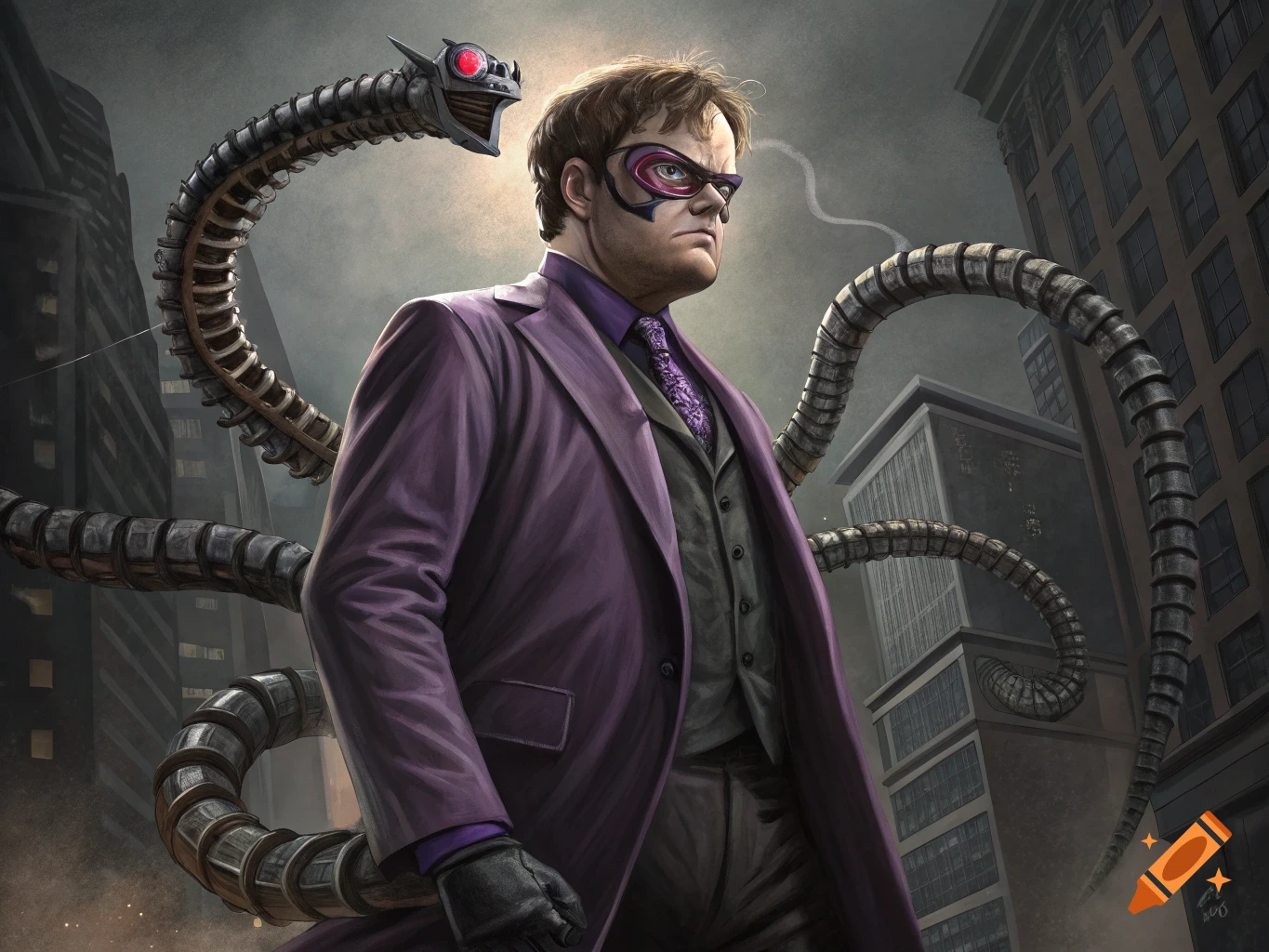 Digital art of Rainn Wilson as Doctor Octopus in a purple suit, mask, and mechanical tentacles in a city.