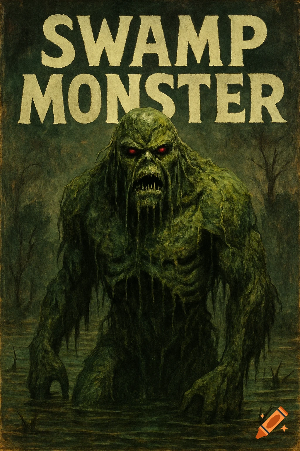 A vintage horror style illustration of a green swamp monster with glowing red eyes standing in murky water. Text reads 'SWAMP MONSTER'.