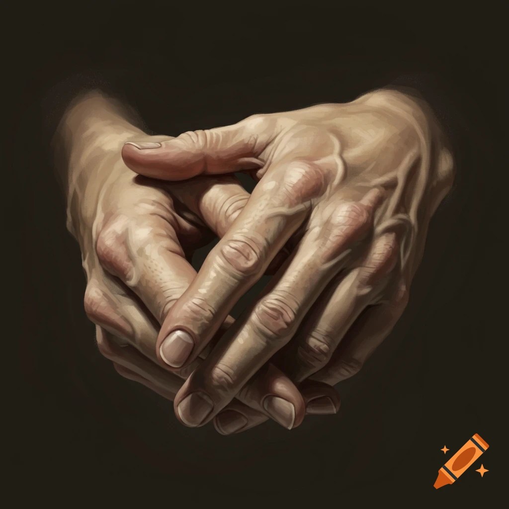Two realistic, detailed hands with visible veins clasped together against a dark background, in a painted style.